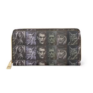 Vintage Horror Faces Zipper Wallet | Dracula Frankenstein Werewolf Mask Pattern