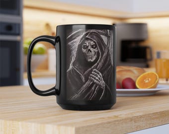 Classic Grim Reaper Illustration Black Mug | 15oz