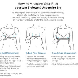 May include: Diagram illustrating how to measure the bust for a custom bralette and underwire bra. The image shows three figures demonstrating bust, bust point distance, and underbust measurements with a measuring tape. Text explains each step.