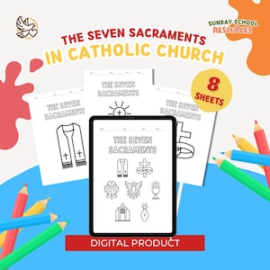 The Seven Sacraments in Catholic Church Coloring Page for All Ages! Homeschool, RE, RCIA, ACTS or Women&#39;s Retreat Activity | Printables