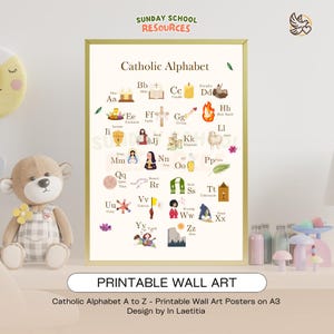 Alfabeto católico de la A a la Z / Arte mural imprimible / Cristiano / Pósteres católicos / Decoraciones para la escuela dominical / Biblia para niños para la educación en el hogar