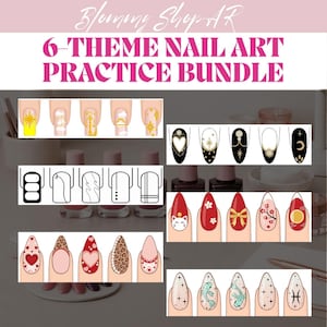 Puede incluir: Un paquete de práctica de arte de uñas de 6 temas con varios diseños de uñas, incluidos patrones celestiales, florales, de estampado animal y geométricos. El texto en la parte superior dice 6-THEME NAIL ART PRACTICE BUNDLE. Muestra filas de ejemplos.