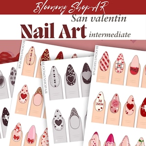 May include: Valentine's Day nail art designs, showcasing diverse styles with hearts, bows, and romantic motifs. The designs are presented on illustrated nails, with the text "Nail Art intermediate" at the top.