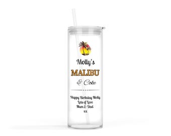 Personalised Malibu Coconut Rum Tall Highball Glass Tumbler with Lid and Straw