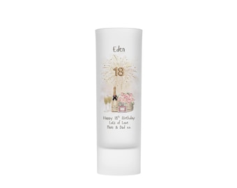 Personalised 18th Birthday Shot Glass, Champagne and Floral Theme