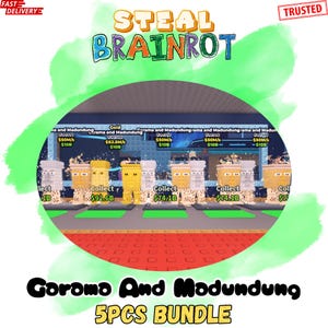 Op de afbeelding: Afbeelding met de tekst "STEAL BRAINROT" en "Goroma And Madundung 5PCS BUNDLE". Er worden verschillende gestileerde figuren weergegeven met het woord "Collect" eronder. De achtergrond heeft een groen en rood kleurenschema.