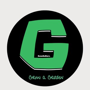 May include: A circular black graphic featuring a large green letter 'G'. The text 'GemsGoStore.' is positioned below the 'G'. The words 'Grow a Garden' are written in teal script at the bottom of the graphic.