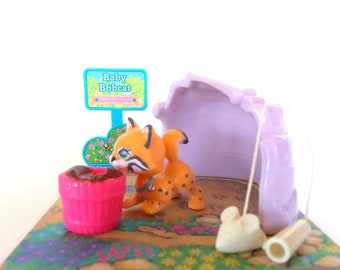 Vintage Littlest Pet Shop Zoo Baby Bobcat with Mountain Den Kenner 1993 Retro 90s Toy