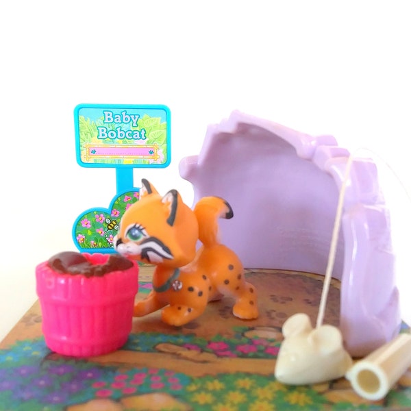 Vintage Littlest Pet Shop Zoo Baby Bobcat with Mountain Den Kenner 1993 Retro 90s Toy