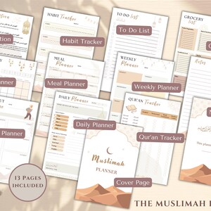 Op de afbeelding: Een printbare planner met een woestijnlandschap-omslag met een halve maan en de tekst "Muslimah Planner". De planner bevat pagina's voor dagelijkse, wekelijkse en maandelijkse planning, evenals gewoontetracking, maaltijdplanning, trainingsroutines, boodschappenlijstjes, notities en een Koran-tracker.
