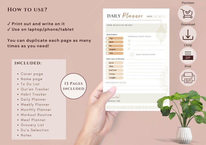 Op de afbeelding: Een printbare dagelijkse planner met een beige achtergrond en gouden accenten. De planner bevat secties voor dagelijkse gebeden, persoonlijke dagelijkse doelen, dagelijkse reflecties, andere vormen van aanbidding en intenties voor de dag. De planner bevat ook een sectie voor dankbaarheid.