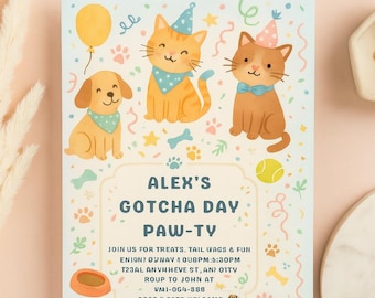 May include: A party invitation with illustrations of a dog and two cats, all wearing party hats and bandanas. The invitation has the text "ALEX'S GOTCHA DAY PAW-TY" and event details. The color scheme is pastel with paw prints and bone accents.