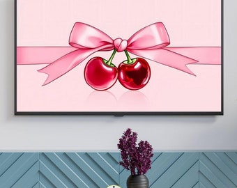 Coquette Cherry Bow Desktop Wallpaper: Pink Background (Digital Download)