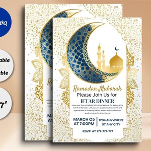 Op de afbeelding: Ramadan Mubarak uitnodigingskaart met een goud en blauwe maan en moskee ontwerp. De kaart bevat de tekst "Please Join Us for Iftar Dinner" en evenement details. De kaart meet 12,7 x 17,8 cm.