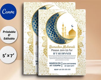 Op de afbeelding: Ramadan Mubarak uitnodigingskaart met een goud en blauwe maan en moskee ontwerp. De kaart bevat de tekst "Please Join Us for Iftar Dinner" en evenement details. De kaart meet 12,7 x 17,8 cm.