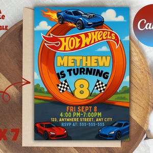 Invitación editable para fiesta de cumpleaños de Hot Wheels, invitación de cumpleaños de Hot Racing Cars, plantilla para fiesta de cumpleaños de Hot Wheels Race Car, Canva editable