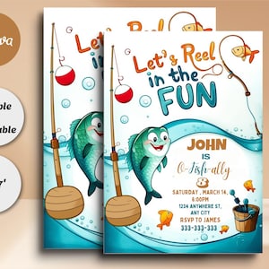 Modèle de carte modifiable d'invitation de fête d'anniversaire de pêche, invitation numérique de pêche, Evite mobile d'anniversaire de poisson électronique, bobine dans l'amusement