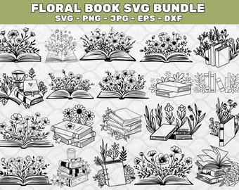 Può includere: Un set di 12 file di taglio SVG in bianco e nero con motivi floreali e libri aperti. I disegni includono vari arrangiamenti floreali, libri e altri elementi. Il testo "FLORAL BOOK SVG BUNDLE" e "SVG - PNG - JPG - EPS - DXF" è incluso nell'immagine.