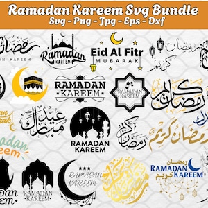 May include: A collection of 16 black and gold Ramadan Kareem SVG designs. The designs include text, crescent moons, stars, lanterns, and mosque silhouettes.