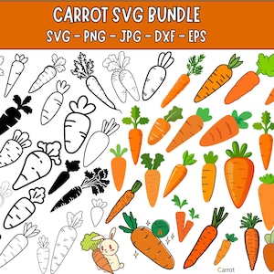 May include: A selection of carrot-themed SVG graphics in diverse styles, including outlines, solid black, and bright orange with green tops. The image includes the text "CARROT SVG BUNDLE" and file type information.