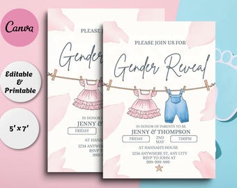 Boho Gender Reveal Invitation: Vintage Baby Clothes, Editable Template (Digital Download)