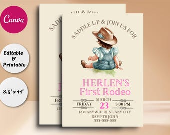 First Rodeo Invitation Girl | Cowgirl Birthday Invite Western 1st Birthday Party Rustic Rodeo Birthday Printable Editable My First Rodeo