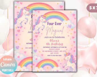 Invitación de cumpleaños número 4 de unicornio: Arcoíris pastel, plantilla editable (5x7 pulgadas, descarga en PDF)