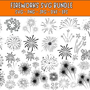 Może przedstawiać: Zbiór czarno-białych ilustracji fajerwerków w różnych stylach. Obraz zawiera tekst "FIREWORKS SVG BUNDLE" u góry, z typami plików: SVG, PNG, JPG, DXF i EPS.