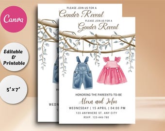 Boho Gender Reveal Invitation: Vintage Baby Clothes, Editable Template (Digital Download)