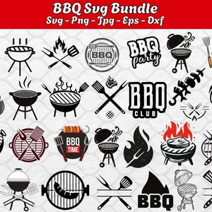Może przedstawiać: Zestaw 20 czarno-białych wzorów SVG przedstawiających różne ilustracje grilla i ognia do grillowania. Wzory zawierają tekst, taki jak "BBQ Party", "BBQ Club" i "BBQ Time".