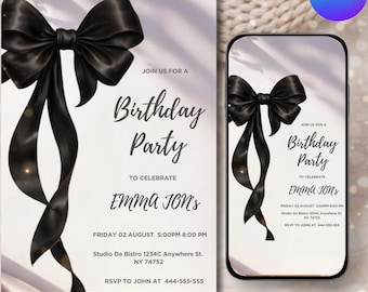 Modèle d'invitation d'anniversaire modifiable, invitation du 30e anniversaire de la femme, invitation d'arc noir, invitation modifiable du 30e, 40e, 30, 20e, invitation numérique