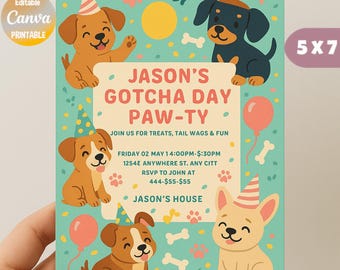 May include: A teal 5x7 inch printable invitation card featuring cartoon dogs, balloons, and bone graphics. The text reads "Jason's Gotcha Day Paw-ty" with event details. The card is designed for a dog-themed birthday party.