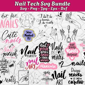 May include: A digital design bundle with nail art-themed graphics and text. The designs include nail polish bottles, hand illustrations, and phrases like "Cute nails" and "Nail Art". The color palette includes black, pink, and white.