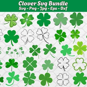 Puede incluir: Una colección de 25 archivos de corte SVG de hojas de trébol verdes. Las hojas de trébol son de varios estilos y tamaños. La imagen incluye el texto "Clover Svg Bundle" y "Svg - Png - Jpg - Eps - Dxf".