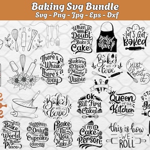 May include: A black and white graphic design bundle of 20 baking-themed SVG files. The designs include text-based phrases like "Time to Bake", "Baked with Love", "Queen of the Kitchen", and "Let's Get Baked".