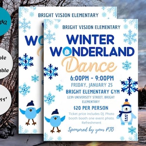 May include: A white flyer with blue snowflakes and a winter wonderland dance theme. The flyer advertises a dance at Bright Vision Elementary on Friday, January 25th from 6:00 PM to 9:00 PM. The flyer includes the address and cost of $20 per person. The flyer also states that the ticket price includes a DJ, photo booth, one event photo, and refreshments. The flyer is sponsored by the PTO.