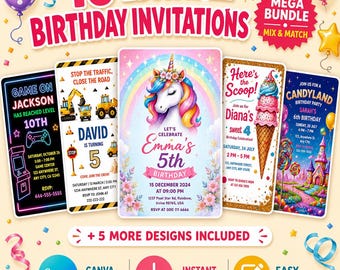Kids Birthday Invitation Template Bundle, 10 Editable Canva Themes, Unicorn Rainbow Construction Candy Land, Printable Party Invite Download