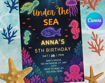 Invitación de cumpleaños bajo el mar: Animales marinos neón (Editable, descarga digital)