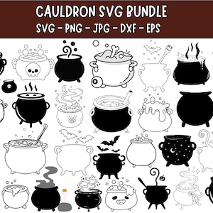 Puede incluir: Una colección de diseños de calderos en blanco y negro en varios estilos, incluyendo aquellos con calaveras, huesos y pociones burbujeantes. El texto "CAULDRON SVG BUNDLE" está en la parte superior, con opciones de tipo de archivo debajo. Perfecto para Halloween o manualidades temáticas de brujas.