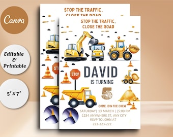 May include: Construction themed birthday party invitation with yellow and black construction vehicles, stop signs, and a gold glitter number 5. The text reads "Stop the traffic, close the road" and "David is turning 5. Come join the crew".
