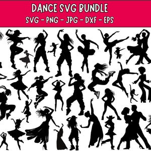 Op de afbeelding: Zwarte silhouet dansers in verschillende poses, waaronder ballet, hiphop en ballroom. De afbeelding bevat de tekst "DANCE SVG BUNDLE" in wit op een roze achtergrond, met bestandstypen: SVG, PNG, JPG, DXF, EPS.