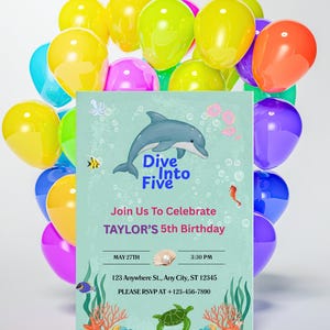 Invitation modifiable de fête d'anniversaire de créatures de la mer, sous la mer evite, invitation d'océan, carte de dauphin, anniversaire de filles, toile modifiable