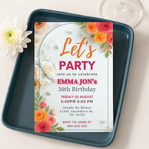 Floral Birthday Invitation Template: Pink, Orange, Yellow (5x7 Inches, PDF Downloadable File)