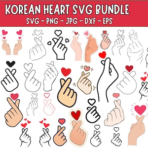 May include: A digital art bundle featuring various hand gestures forming Korean hearts, with red heart accents. The text "KOREAN HEART SVG BUNDLE" is displayed at the top, along with file type indicators.