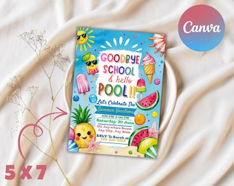 Goodbye School Hello Pool Party Invitation: Editable Summer Break Invite (5x7 Inches, Digital Download)