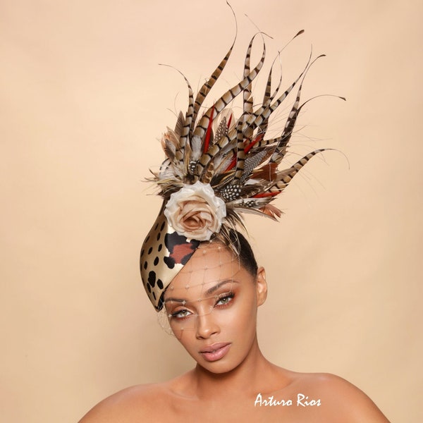 Leopard print fascinator, Pheasant fascinator, derby fascinator