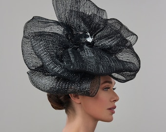 Black couture mesh headpiece, Gala black bow hat on a headband, Derby fascinator.