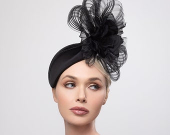 Black pillbox fascinator, couture gala fascinator, derby fascinator, Black crinoline bow fascinator