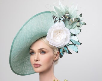 Grand chapeau derby menthe, chapeau derby Kentucky, chapeau derby papillon, chapeaux derby printemps, chapeau vert déjeuner