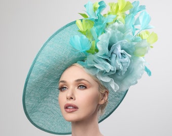 Aqua/ Turquoise derby hoed, Grote Kentucky derby hoed, Luncheon derby hoeden, Bruiloft hoeden, Lente derby hoeden